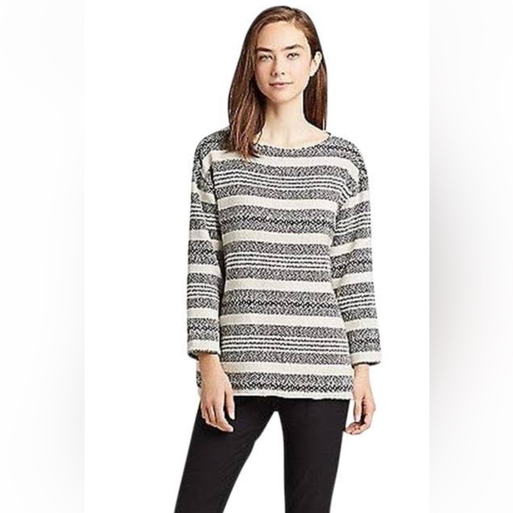 Eileen Fisher Striped 3/4 Sleeve Fringe Hem Top